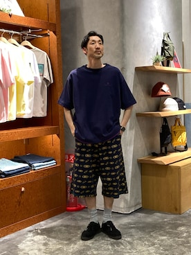 「SOUNDSGOOOOD（サウンズグッド）の【SOUNDS GOOOOD】総柄スウェットハーフパンツ（その他パンツ、ブルー系）」を使った、yonmaru2さん（メンズ・175cm）の春コーディネート