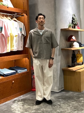 「CIAOPANIC TYPY（チャオパニックティピー）の【UNISEX】シアーオープンカラーシャツ（シャツ/ブラウス、ベージュ系）」を使った、yonmaru2さん（メンズ・175cm）の春コーディネート