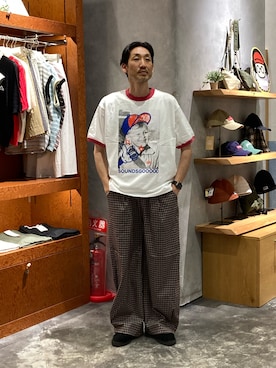 「SOUNDSGOOOOD（サウンズグッド）の【SOUNDS GOOOOD】落書きリンガーTEE（Tシャツ/カットソー、ホワイト系）」を使った、yonmaru2さん（メンズ・175cm）の夏コーディネート