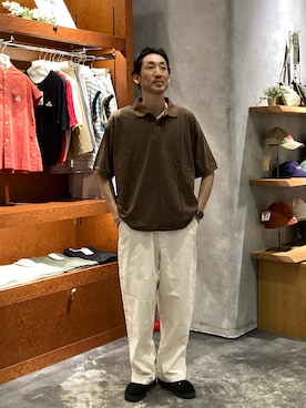 「CIAOPANIC TYPY（チャオパニックティピー）の【UNISEX】ピグメント加工メッシュポロ（ポロシャツ、ブラウン系）」を使った、yonmaru2さん（メンズ・175cm）の夏コーディネート