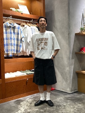 「CIAOPANIC TYPY（チャオパニックティピー）の【UNISEX】【プラスサイズあり】アソート柄ブッシュハーフパンツ/WEB限定カラーあり（その他パンツ、グレー系）」を使った、yonmaru2さん（メンズ・175cm）の夏コーディネート