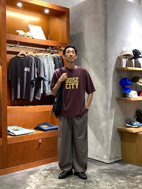 「CIAOPANIC TYPY（チャオパニックティピー）の【UNISEX】チェックカーブイージーパンツ（その他パンツ、ブラウン系）」を使った、yonmaru2さん（メンズ・175cm）の夏コーディネート