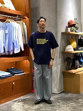 「CIAOPANIC TYPY（チャオパニックティピー）の【UNISEX】【プラスサイズあり】ポコポコメッセージロゴTEE（Tシャツ/カットソー、ブルー系）」を使った、yonmaru2さん（メンズ・175cm）の春コーディネート