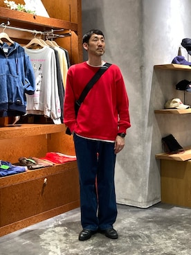 「CIAOPANIC TYPY（チャオパニックティピー）の【洗えるニット】ユニセックスビックシルエットロンTeeライクニット（ニット/セーター、レッド系）」を使った、yonmaru2さん（メンズ・175cm）の春コーディネート