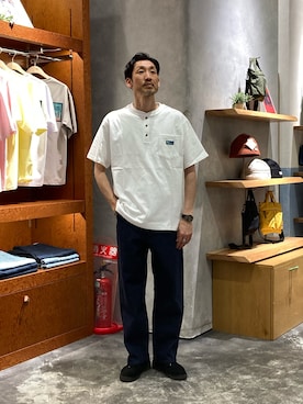 「Franklin Climbing（フランクリンクライミング）の【Franklin Climbing】ヘンリーネック半袖Tee（Tシャツ/カットソー、ホワイト系）」を使った、yonmaru2さん（メンズ・175cm）の春コーディネート