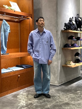 「CIAOPANIC TYPY（チャオパニックティピー）の【PATTIPATTI】ユニセックス/ビックシルエットロゴ刺繍チェックシャツ（シャツ/ブラウス、ブルー系）」を使った、yonmaru2さん（メンズ・175cm）の春コーディネート