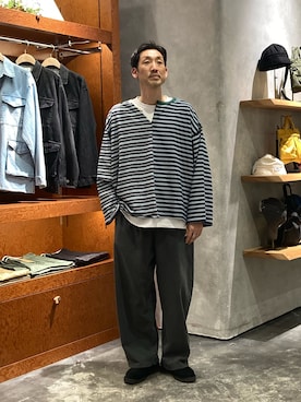 「etsinta（エシンタ）の【etsinta】マルチボーダーリメイクtee（Tシャツ/カットソー、ブルー系）」を使った、yonmaru2さん（メンズ・175cm）の春コーディネート