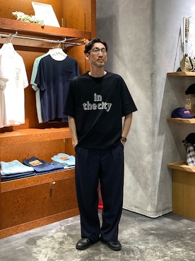 「CIAOPANIC TYPY（チャオパニックティピー）の【ユニセックス】エアリーストレッチワイドパンツ（スラックス、ブルー系）」を使った、yonmaru2さん（メンズ・175cm）の夏コーディネート