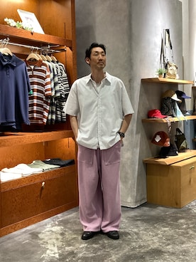 「CIAOPANIC TYPY（チャオパニックティピー）の【UNISEX】【シルエット調整可】ピグメント加工ワッフルイージーパンツ/WEB限定カラーあり（スウェットパンツ、ピンク系）」を使った、yonmaru2さん（メンズ・175cm）の夏コーディネート
