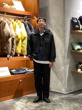 「アイテム（ライダースジャケット）」を使った、yonmaru2さん（メンズ・175cm）の冬コーディネート