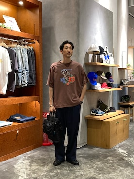 「CIAOPANIC TYPY（チャオパニックティピー）の【UNISEX】アマルフィーアソートプリントTEE（Tシャツ/カットソー、ブラウン系）」を使った、yonmaru2さん（メンズ・175cm）の夏コーディネート