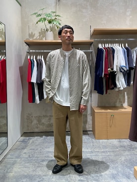 「GEVACO（ゲバコ）の【GEVACO】バンドカラーワッペンシャツ（シャツ/ブラウス、ベージュ系）」を使った、yonmaru2さん（メンズ・175cm）の秋コーディネート