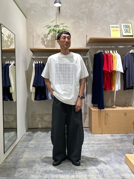 「CIAOPANIC TYPY（チャオパニックティピー）の【UNISEX】【全12色展開】メッセージプリント半袖Tee（Tシャツ/カットソー、ホワイト系）」を使った、yonmaru2さん（メンズ・175cm）の秋コーディネート