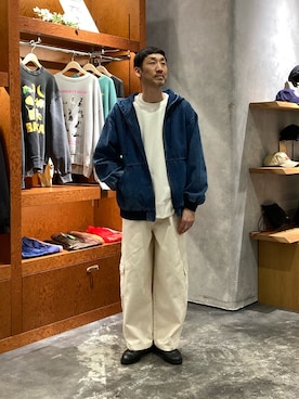 「CIAOPANIC TYPY（チャオパニックティピー）の【UNISEX】アソート素材フードジャケット/デニムジャケット/アクティブジャケット（デニムジャケット、ブルー系）」を使った、yonmaru2さん（メンズ・175cm）の春コーディネート