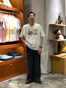 「CIAOPANIC TYPY（チャオパニックティピー）の【UNISEX】【シルエット調整可】ピグメント加工ワッフルイージーパンツ/WEB限定カラーあり（スウェットパンツ、ブラック系）」を使った、yonmaru2さん（メンズ・175cm）の春コーディネート