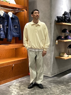 「CIAOPANIC TYPY（チャオパニックティピー）の【ロングシーズン着用可◎】ユニセックス/リラックスフィットイージーパンツ（チノパンツ、ホワイト系）」を使った、yonmaru2さん（メンズ・175cm）の春コーディネート