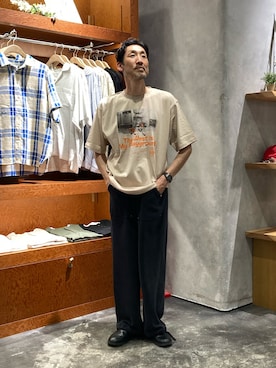 「CIAOPANIC TYPY（チャオパニックティピー）の【UNISEX】【シルエット調整可】ピグメント加工ワッフルイージーパンツ/WEB限定カラーあり（スウェットパンツ、ブラック系）」を使った、yonmaru2さん（メンズ・175cm）の夏コーディネート