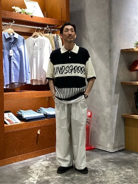 「CIAOPANIC TYPY（チャオパニックティピー）の【UNISEX】【プラスサイズあり】ストライプシアサッカーイージーパンツ（その他パンツ、ホワイト系）」を使った、yonmaru2さん（メンズ・175cm）の春コーディネート