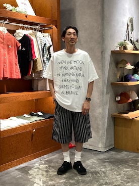 「CIAOPANIC TYPY（チャオパニックティピー）の【UNISEX】アソート落書きBIGロゴTEE（Tシャツ/カットソー、ホワイト系）」を使った、yonmaru2さん（メンズ・175cm）の夏コーディネート