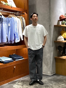 「GEVACO（ゲバコ）の【GEVACO/ゲバコ】ベーシックOE天竺ポケット刺繍Tシャツ（Tシャツ/カットソー、ホワイト系）」を使った、yonmaru2さん（メンズ・175cm）の春コーディネート