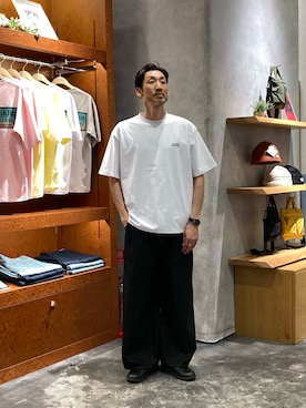 「Franklin Climbing（フランクリンクライミング）の【Franklin Climbing】ユニセックスバックロゴ半袖Tee（Tシャツ/カットソー、ホワイト系）」を使った、yonmaru2さん（メンズ・175cm）の春コーディネート