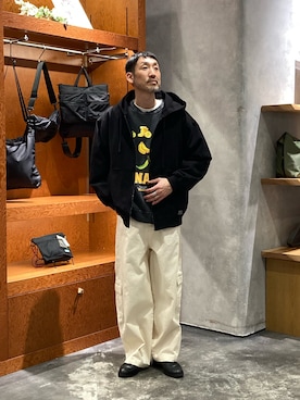 「CIAOPANIC TYPY（チャオパニックティピー）の【UNISEX】アソート素材フードジャケット/デニムジャケット/アクティブジャケ（デニムジャケット、ブラック系）」を使った、yonmaru2さん（メンズ・175cm）の冬コーディネート