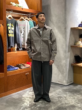 「CIAOPANIC TYPY（チャオパニックティピー）の【PATTIPATTI】ユニセックス/ビックシルエットロゴ刺繍チェックシャツ（シャツ/ブラウス、ベージュ系）」を使った、yonmaru2さん（メンズ・175cm）の春コーディネート