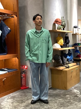 「CIAOPANIC TYPY（チャオパニックティピー）の【肌触り◎】ユニセックス/シルクタッチ立体ストライプシャツ（シャツ/ブラウス、グリーン系）」を使った、yonmaru2さん（メンズ・175cm）の春コーディネート