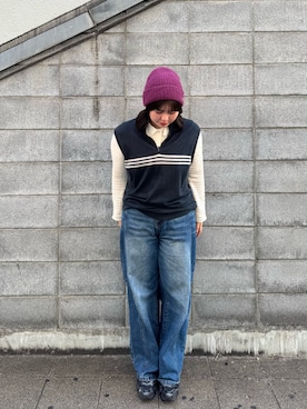 「アイテム（ニットキャップ/ビーニー、パープル系）」を使った、aoiさん（レディース・167cm）の秋コーディネート