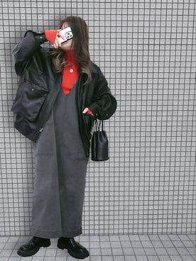 「フェイクレザー」｜「アイテム（オールインワン・サロペット）」を使った、M★★★さん（レディース・156cm）の冬コーディネート