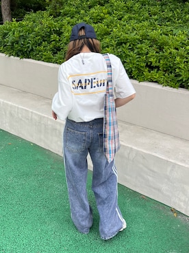 「PILIT（ピリット）のオーバーダイ　ラインデニム（デニムパンツ、ブルー系）」を使った、M★★★さん（レディース・156cm）の夏コーディネート