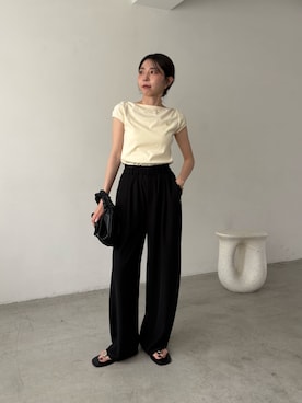 「CAPRICIEUX LE'MAGE（カプリシューレマージュ）の1ポイントボートネックT（Tシャツ/カットソー、イエロー系）」を使った、mana_lemageさん（レディース・161cm）の夏コーディネート