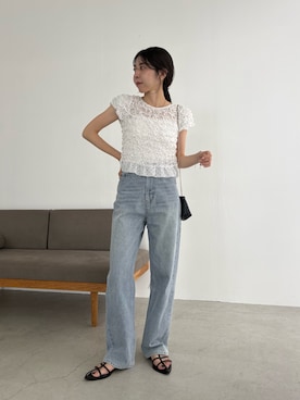 「CAPRICIEUX LE'MAGE（カプリシューレマージュ）のバルーンドットシャーリングブラウス（シャツ/ブラウス、ホワイト系）」を使った、mana_lemageさん（レディース・161cm）の夏コーディネート