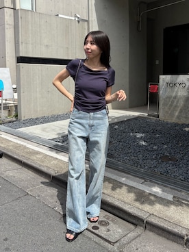 「CAPRICIEUX LE'MAGE（カプリシューレマージュ）のスクエアネックドロストT（Tシャツ/カットソー、ブルー系）」を使った、mana_lemageさん（レディース・161cm）の夏コーディネート