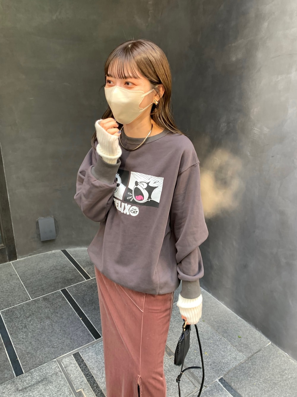 グレー系のTシャツ/カットソー、ブラック系のハンドバッグ、ブラウン系のスカートを着用したレディースの秋コーディネートの2枚目の写真