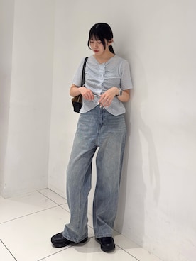 「SENSE OF PLACE by URBAN RESEARCH（センスオブプレイスバイアーバンリサーチ）のフロントタックメッシュレーストップ（カーディガン/ボレロ、ブルー系）」を使った、薫子さん（レディース・157cm）の夏コーディネート