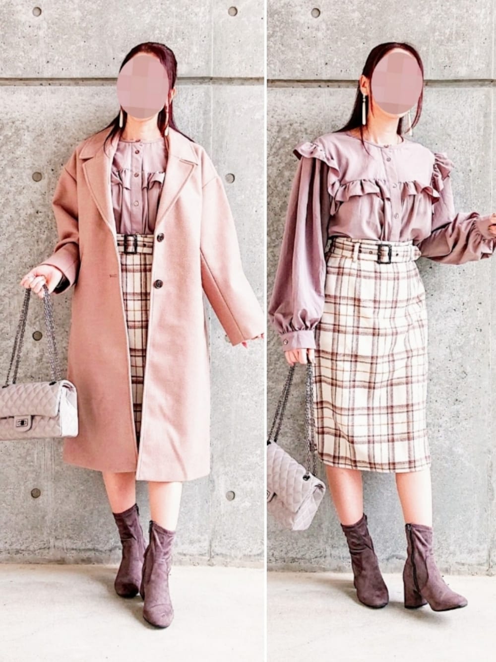 ブラウン系のシャツ/ブラウス、ブラウン系のチェスターコート、その他のスカートを着用したレディースの冬コーディネートの1枚目の写真