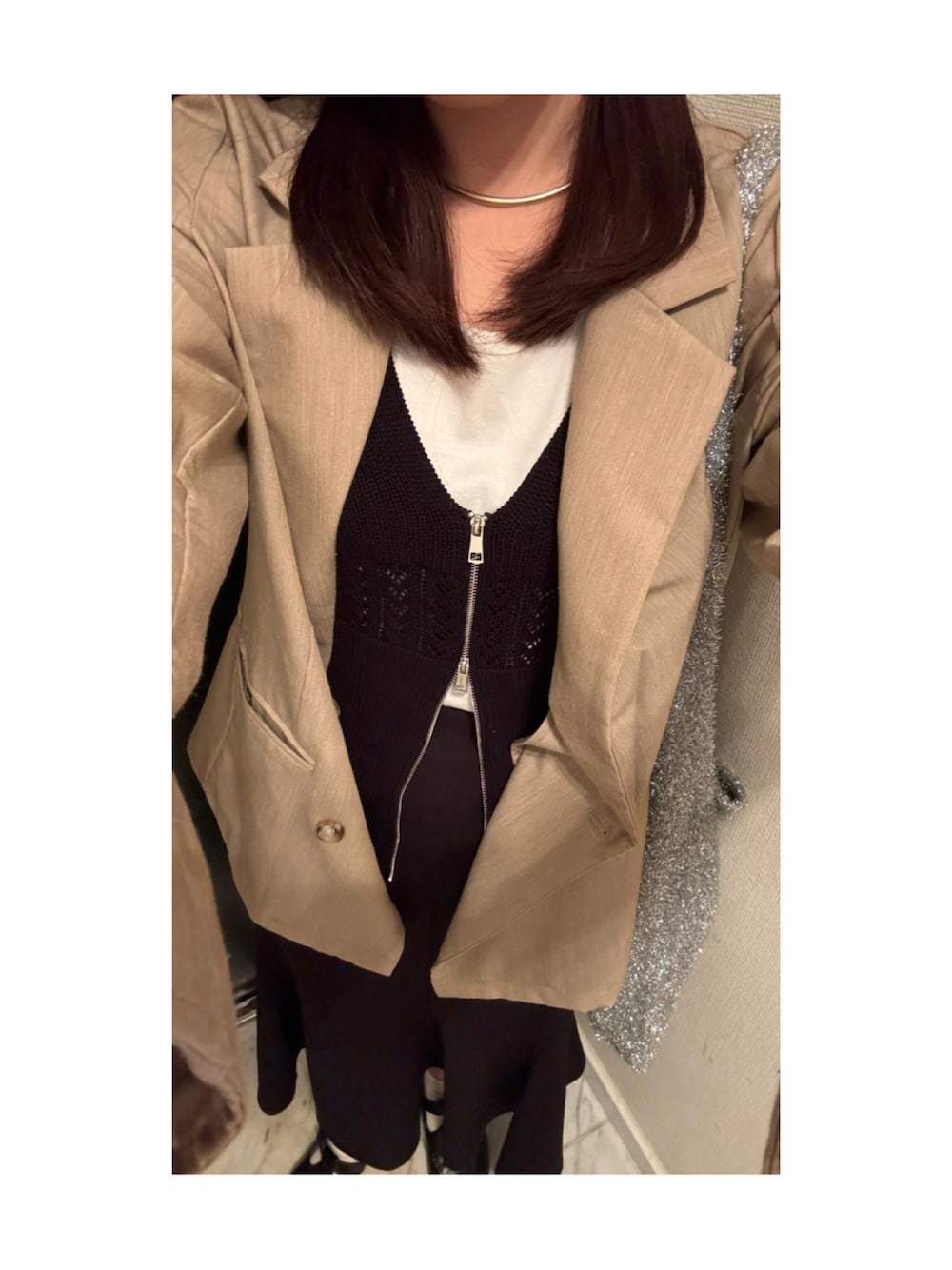 「callautiaのダブルジップビスチェニットキャミソール（キャミソール、ブラック系）」を使った、sanaさん（レディース・153cm）の秋コーディネートの1枚目の写真