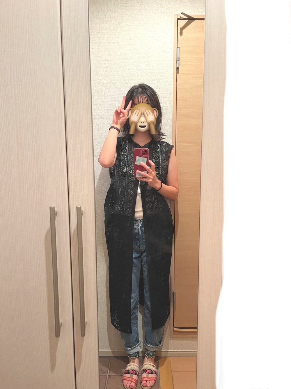 「レースジレ、デニムコーデ、キレイめカジュアル、着回しコーデ」｜「UNIQLOのリプタンクトップ（タンクトップ、ホワイト系）」を使った、mizzzyoさん（レディース・164cm）の夏コーディネートの1枚目の写真
