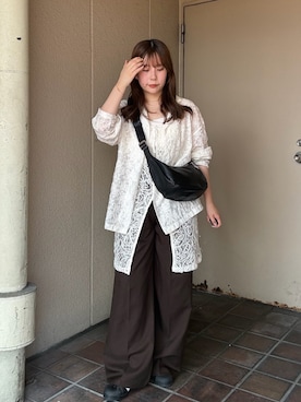 「russet（ラシット）の【軽量340g/旅行】ソフトレザーラウンドショルダーバッグ(CE-1326)（ショルダーバッグ、ブラック系）」を使った、ayakaさん（レディース・157cm）の夏コーディネート