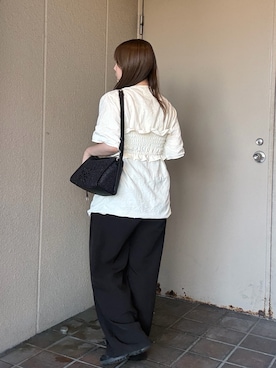「russet（ラシット）のナイロンラフィアショルダーバッグ（ショルダーバッグ、ブラック系）」を使った、ayakaさん（レディース・157cm）の夏コーディネート
