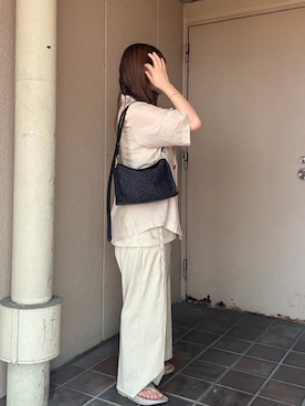 「russet（ラシット）のナイロンラフィアショルダーバッグ（ショルダーバッグ、ブラック系）」を使った、ayakaさん（レディース・157cm）の夏コーディネート