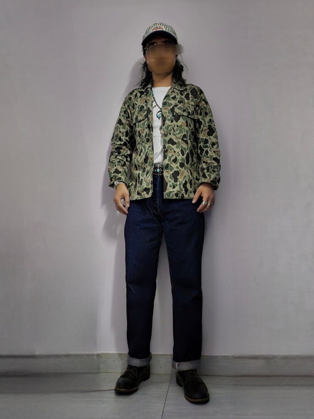 「キャップ、ミリタリーシャツ、デニムパンツ、ブーツ、RED WING、Levi's、LEVI'S VINTAGE CLOTHING、vintage、古着MIX、時計、SEIKO」｜「LEVI'S VINTAGE CLOTHINGの33501（デニムパンツ、ブルー系）」を使った、setaroさん（メンズ・172cm）の春コーディネートの1枚目の写真