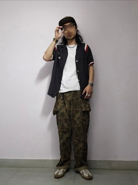 「bardocのアイテム（カーゴパンツ、グリーン系）」を使った、setaroさん（メンズ・172cm）の春コーディネート