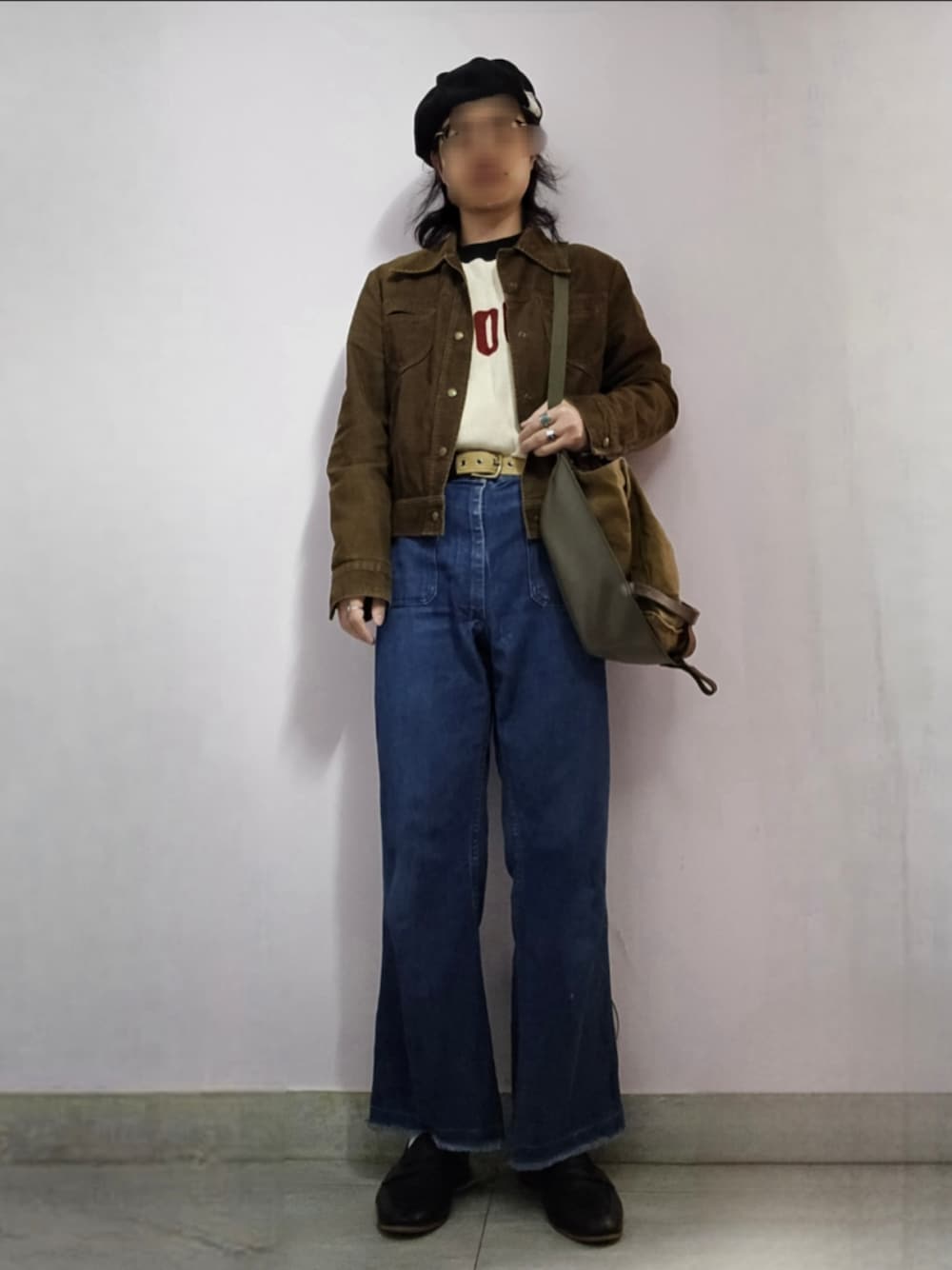 「今日のコーデ、ベレー帽、コーデュロイジャケット、セーター、デニムパンツ、ローファー、vintage、古着MIX、30代コーデ、LEE」｜「VINTAGEの80s usn denim pants（デニムパンツ、ブルー系）」を使った、setaroさん（メンズ・172cm）の春コーディネートの1枚目の写真