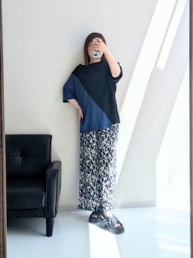 「nissen（ニッセン）の接触冷感ポケット付プリントカットソーパンツ（選べる２レングス）【私の味方服】（パンツ、ブラック系）」を使った、cooさん（レディース・155cm）の春コーディネート