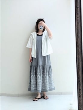 「nissen（ニッセン）のひんやり柔らかダンボールニット５分袖ゆるシルエットパーカー（接触冷感・吸汗速乾）＜大きいサイズ有＞（パーカー、ホワイト系）」を使った、cooさん（レディース・155cm）の夏コーディネート