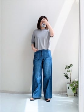 「nissen（ニッセン）の【i Deni】6.7ozデニムバギーパンツ（はっ水）（セットアップ可能）＜大きいサイズ有＞（スウェットパンツ、ブルー系）」を使った、cooさん（レディース・155cm）の夏コーディネート