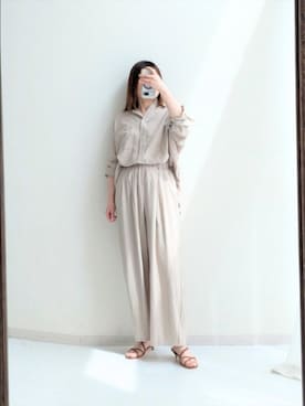 「nissen（ニッセン）のニュアンスエアリードビーコクーンパンツ（接触冷感・UVカット）（セットアップ可能）＜大きいサイズ有＞（パンツ、ベージュ系）」を使った、cooさん（レディース・155cm）の春コーディネート
