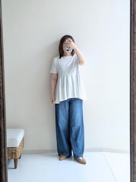 「nissen（ニッセン）の【i Deni】6.7ozデニムバギーパンツ（はっ水）（セットアップ可能）＜大きいサイズ有＞（スウェットパンツ、ブルー系）」を使った、cooさん（レディース・155cm）の夏コーディネート
